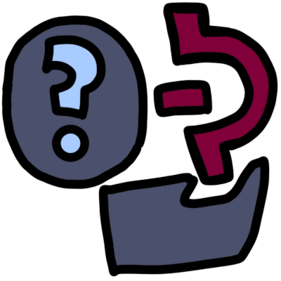 a dark blue-grey oval face with a question mark on it, holding out a hand. above the hand is a dark magenta glyph, showing a vertical lin with a divot, a horizontal line going into the divot.